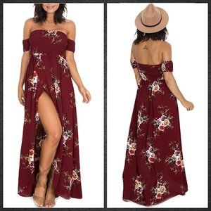 Off The Shoulder Floral Split Chiffon Beach Dress